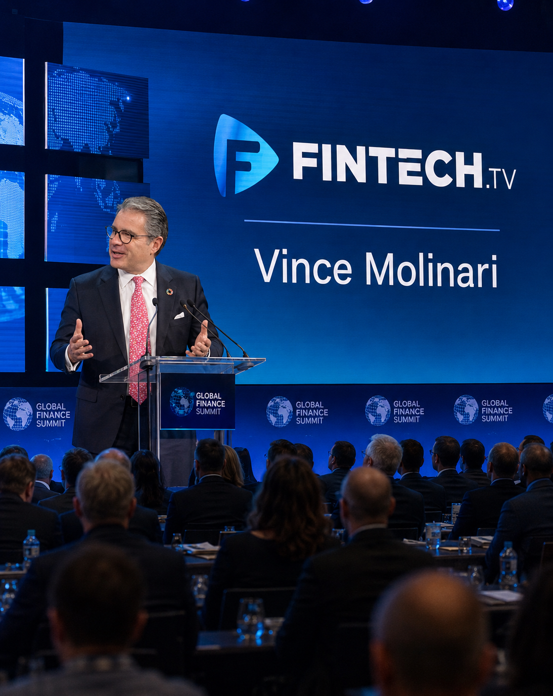 Vince Molinari speaking on stage at a global finance and fintech conference